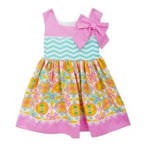 Counting Daisies‎ Girls Pink Cotton Fit & Flare Dress 2T Chevron Polka Dot Bow
